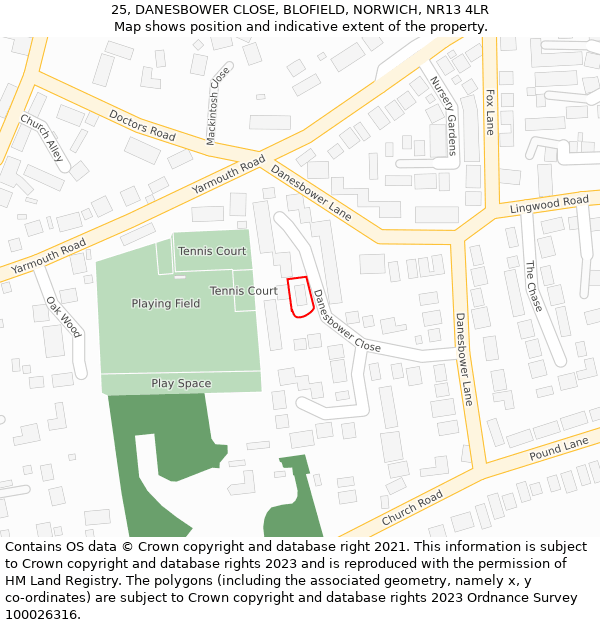 25, DANESBOWER CLOSE, BLOFIELD, NORWICH, NR13 4LR: Location map and indicative extent of plot