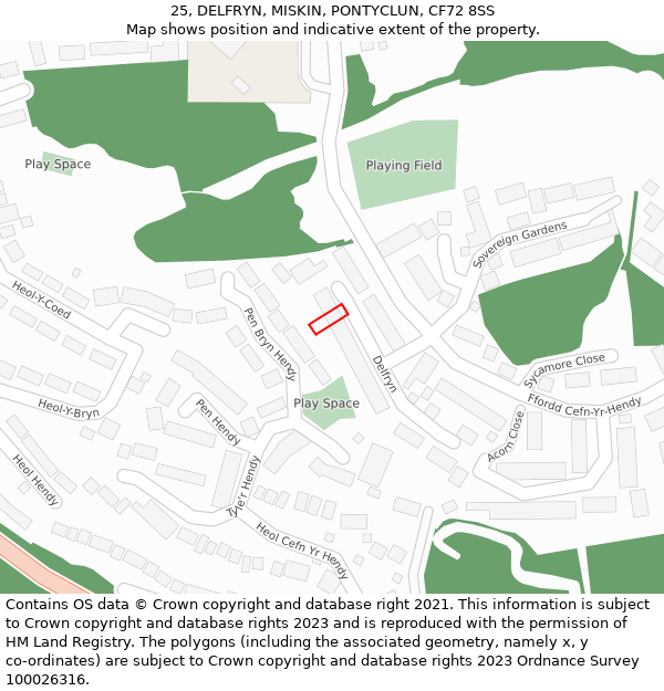 25, DELFRYN, MISKIN, PONTYCLUN, CF72 8SS: Location map and indicative extent of plot