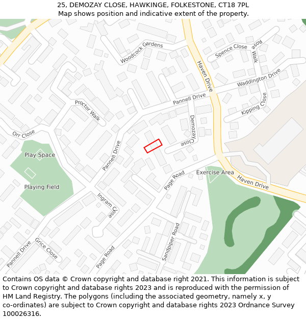 25, DEMOZAY CLOSE, HAWKINGE, FOLKESTONE, CT18 7PL: Location map and indicative extent of plot