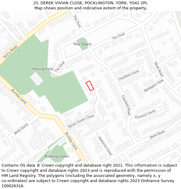 25, DEREK VIVIAN CLOSE, POCKLINGTON, YORK, YO42 2PL: Location map and indicative extent of plot