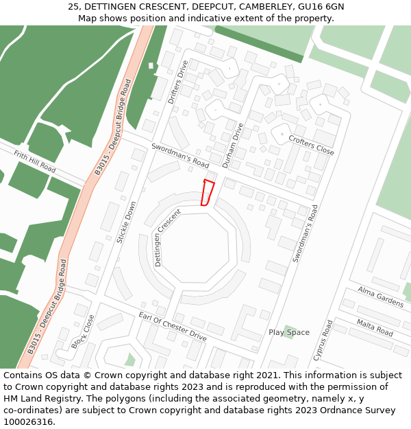 25, DETTINGEN CRESCENT, DEEPCUT, CAMBERLEY, GU16 6GN: Location map and indicative extent of plot