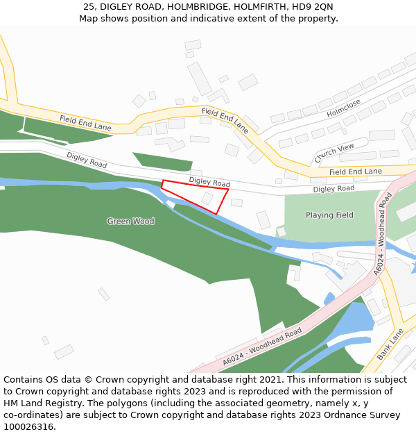 25, DIGLEY ROAD, HOLMBRIDGE, HOLMFIRTH, HD9 2QN: Location map and indicative extent of plot