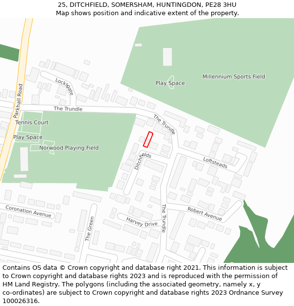 25, DITCHFIELD, SOMERSHAM, HUNTINGDON, PE28 3HU: Location map and indicative extent of plot