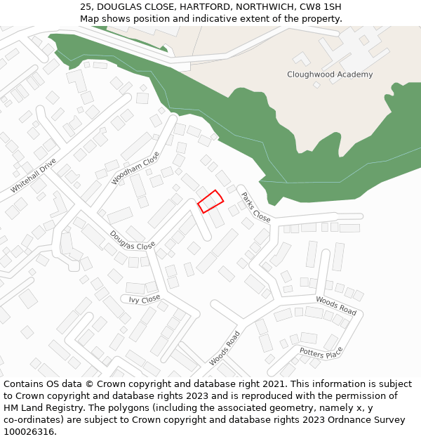 25, DOUGLAS CLOSE, HARTFORD, NORTHWICH, CW8 1SH: Location map and indicative extent of plot