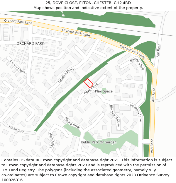 25, DOVE CLOSE, ELTON, CHESTER, CH2 4RD: Location map and indicative extent of plot