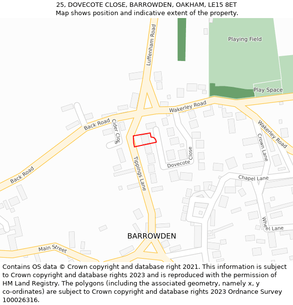 25, DOVECOTE CLOSE, BARROWDEN, OAKHAM, LE15 8ET: Location map and indicative extent of plot