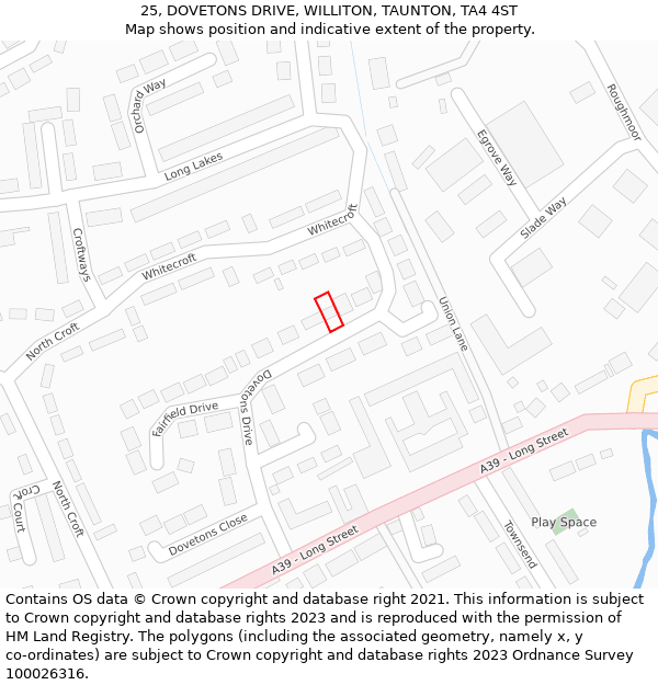 25, DOVETONS DRIVE, WILLITON, TAUNTON, TA4 4ST: Location map and indicative extent of plot