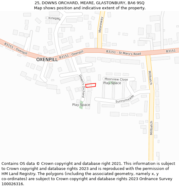 25, DOWNS ORCHARD, MEARE, GLASTONBURY, BA6 9SQ: Location map and indicative extent of plot