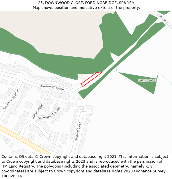 25, DOWNWOOD CLOSE, FORDINGBRIDGE, SP6 1EA: Location map and indicative extent of plot
