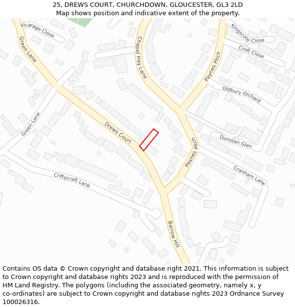 25, DREWS COURT, CHURCHDOWN, GLOUCESTER, GL3 2LD: Location map and indicative extent of plot