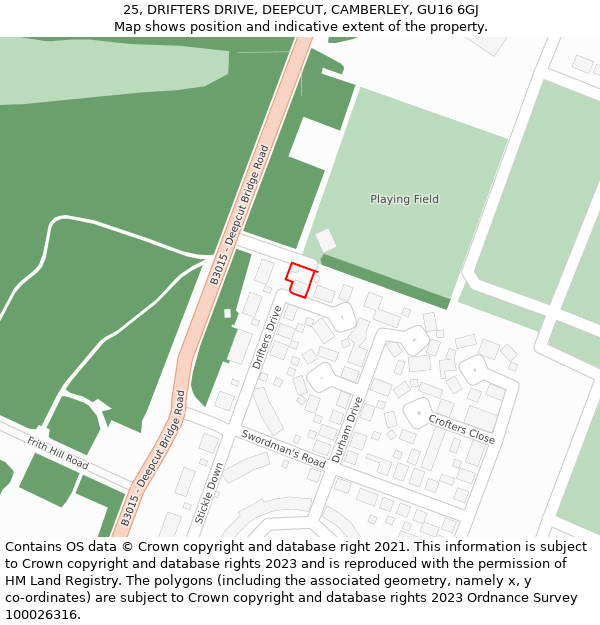 25, DRIFTERS DRIVE, DEEPCUT, CAMBERLEY, GU16 6GJ: Location map and indicative extent of plot