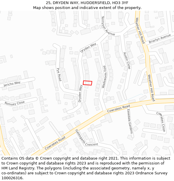 25, DRYDEN WAY, HUDDERSFIELD, HD3 3YF: Location map and indicative extent of plot