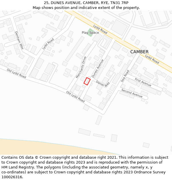 25, DUNES AVENUE, CAMBER, RYE, TN31 7RP: Location map and indicative extent of plot
