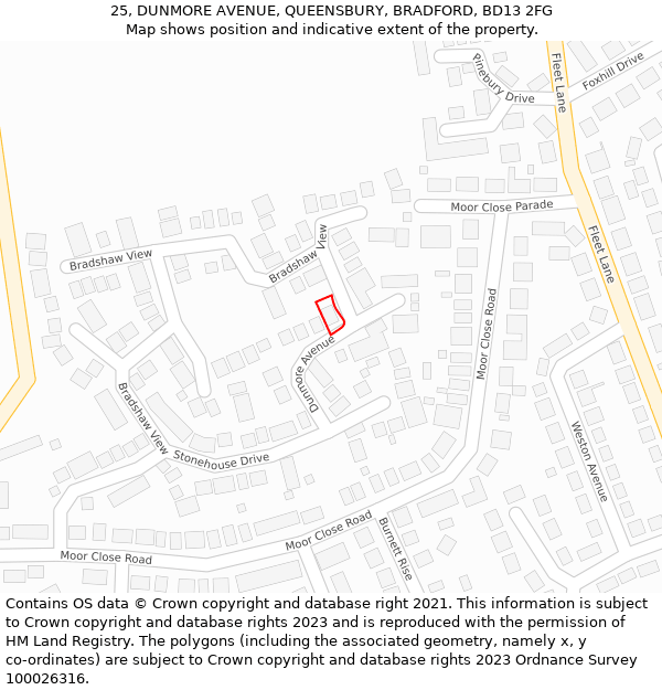 25, DUNMORE AVENUE, QUEENSBURY, BRADFORD, BD13 2FG: Location map and indicative extent of plot