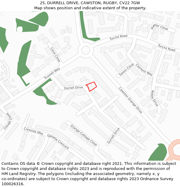 25, DURRELL DRIVE, CAWSTON, RUGBY, CV22 7GW: Location map and indicative extent of plot