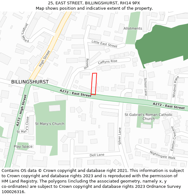 25, EAST STREET, BILLINGSHURST, RH14 9PX: Location map and indicative extent of plot