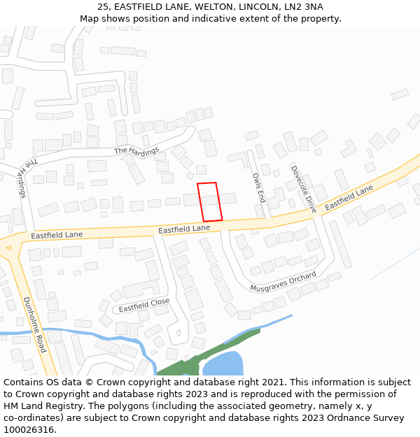 25, EASTFIELD LANE, WELTON, LINCOLN, LN2 3NA: Location map and indicative extent of plot