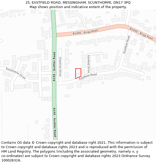 25, EASTFIELD ROAD, MESSINGHAM, SCUNTHORPE, DN17 3PQ: Location map and indicative extent of plot