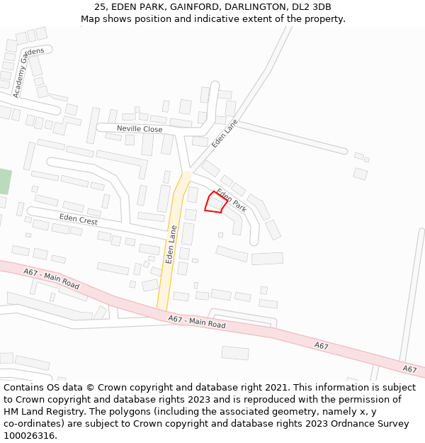 25, EDEN PARK, GAINFORD, DARLINGTON, DL2 3DB: Location map and indicative extent of plot