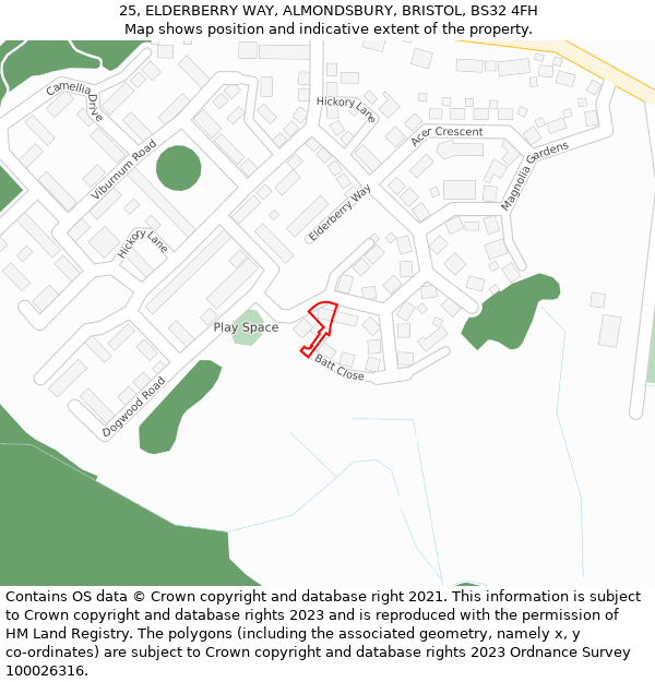 25, ELDERBERRY WAY, ALMONDSBURY, BRISTOL, BS32 4FH: Location map and indicative extent of plot