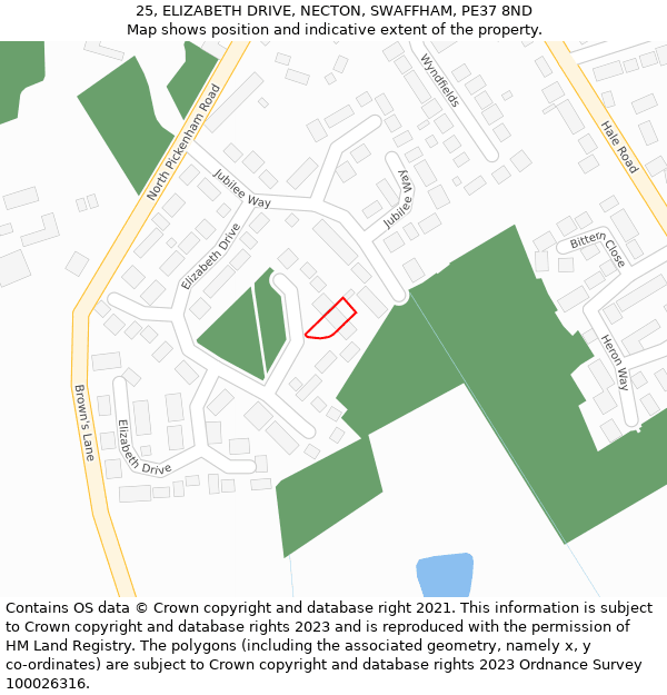 25, ELIZABETH DRIVE, NECTON, SWAFFHAM, PE37 8ND: Location map and indicative extent of plot