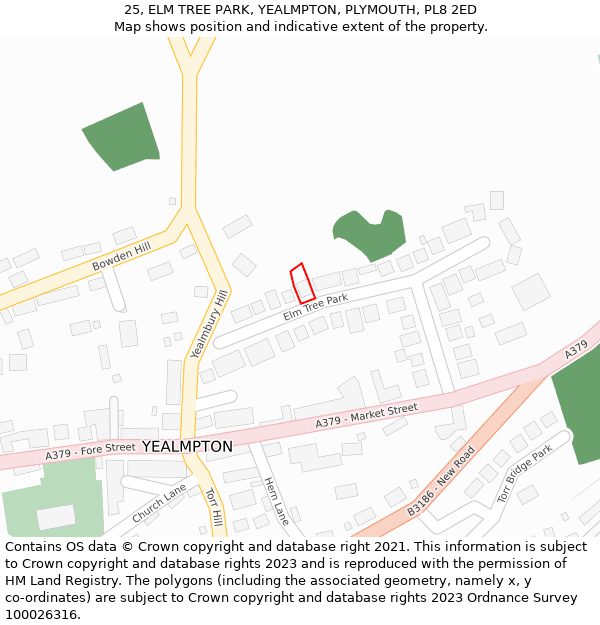 25, ELM TREE PARK, YEALMPTON, PLYMOUTH, PL8 2ED: Location map and indicative extent of plot