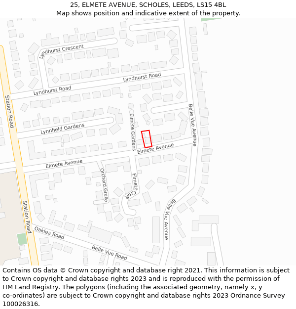 25, ELMETE AVENUE, SCHOLES, LEEDS, LS15 4BL: Location map and indicative extent of plot