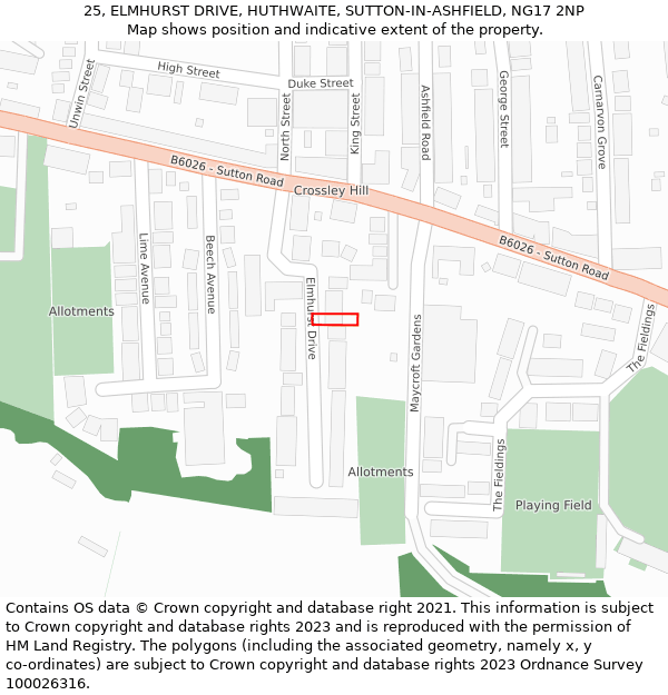 25, ELMHURST DRIVE, HUTHWAITE, SUTTON-IN-ASHFIELD, NG17 2NP: Location map and indicative extent of plot