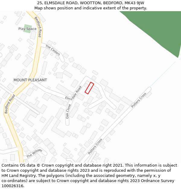 25, ELMSDALE ROAD, WOOTTON, BEDFORD, MK43 9JW: Location map and indicative extent of plot