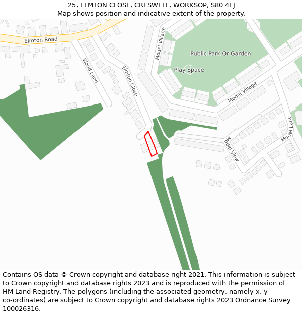 25, ELMTON CLOSE, CRESWELL, WORKSOP, S80 4EJ: Location map and indicative extent of plot