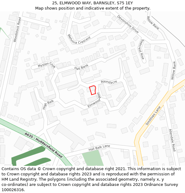 25, ELMWOOD WAY, BARNSLEY, S75 1EY: Location map and indicative extent of plot