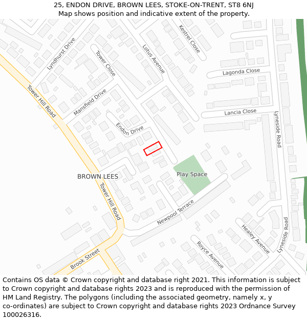 25, ENDON DRIVE, BROWN LEES, STOKE-ON-TRENT, ST8 6NJ: Location map and indicative extent of plot