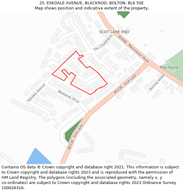 25, ESKDALE AVENUE, BLACKROD, BOLTON, BL6 5SE: Location map and indicative extent of plot