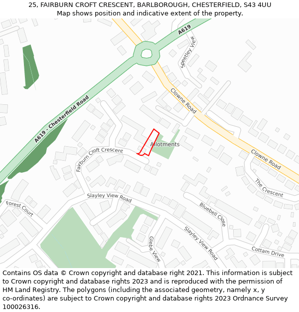 25, FAIRBURN CROFT CRESCENT, BARLBOROUGH, CHESTERFIELD, S43 4UU: Location map and indicative extent of plot