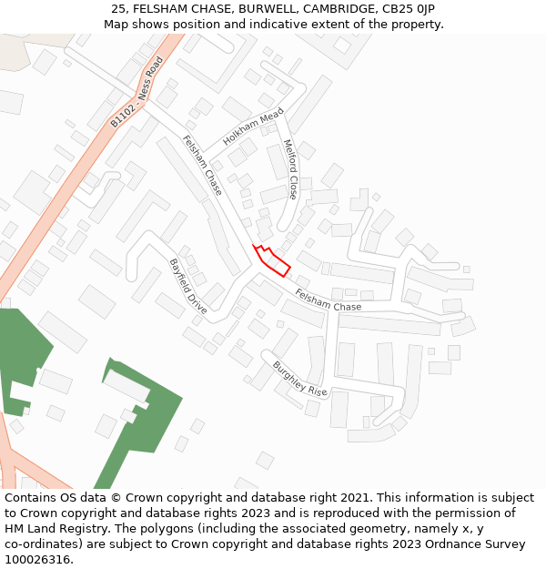 25, FELSHAM CHASE, BURWELL, CAMBRIDGE, CB25 0JP: Location map and indicative extent of plot