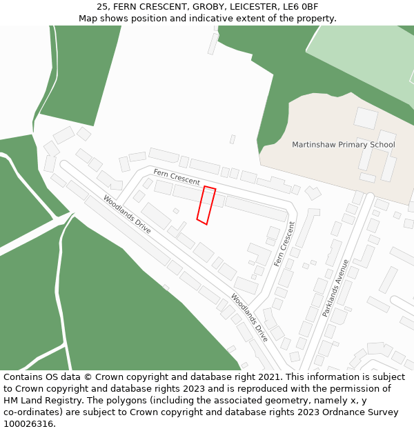 25, FERN CRESCENT, GROBY, LEICESTER, LE6 0BF: Location map and indicative extent of plot