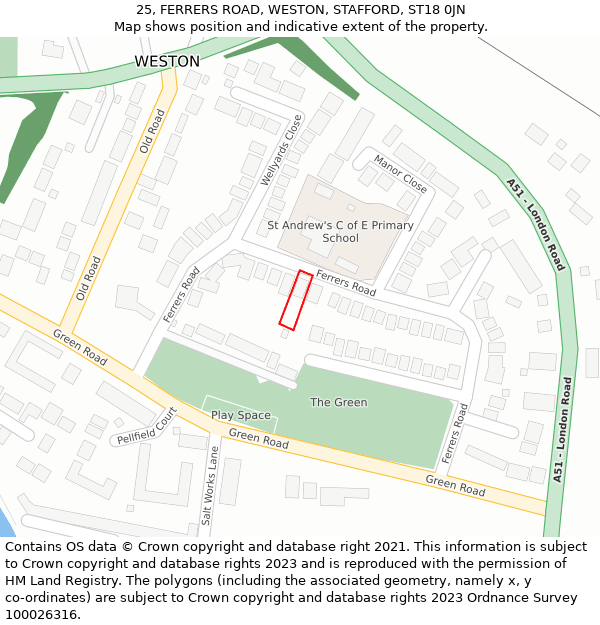 25, FERRERS ROAD, WESTON, STAFFORD, ST18 0JN: Location map and indicative extent of plot