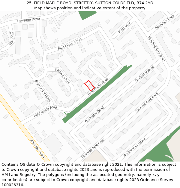 25, FIELD MAPLE ROAD, STREETLY, SUTTON COLDFIELD, B74 2AD: Location map and indicative extent of plot