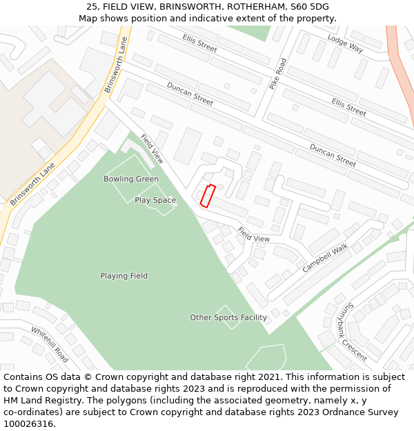 25, FIELD VIEW, BRINSWORTH, ROTHERHAM, S60 5DG: Location map and indicative extent of plot