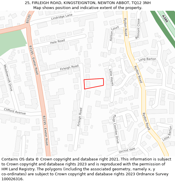 25, FIRLEIGH ROAD, KINGSTEIGNTON, NEWTON ABBOT, TQ12 3NH: Location map and indicative extent of plot