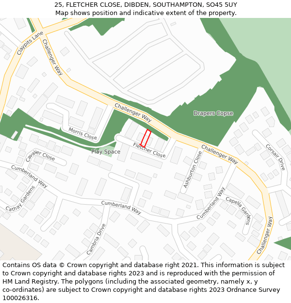 25, FLETCHER CLOSE, DIBDEN, SOUTHAMPTON, SO45 5UY: Location map and indicative extent of plot