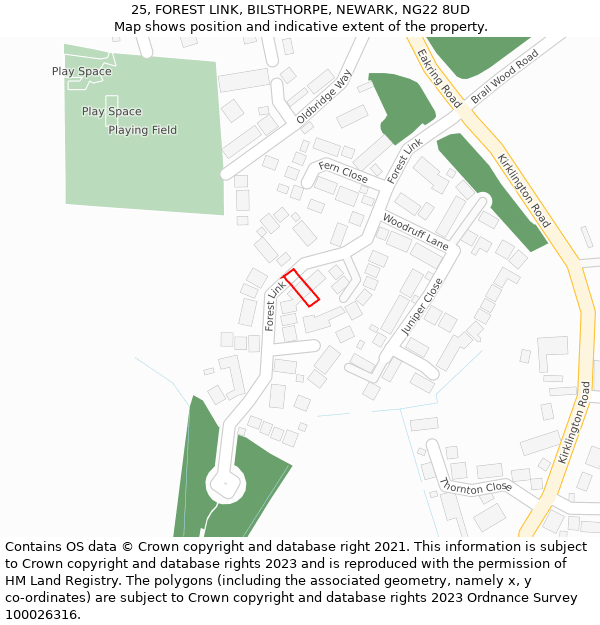 25, FOREST LINK, BILSTHORPE, NEWARK, NG22 8UD: Location map and indicative extent of plot