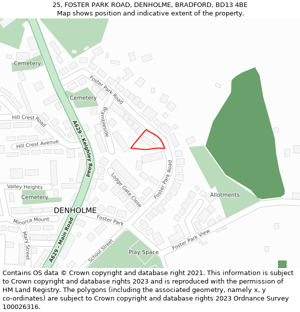 25, FOSTER PARK ROAD, DENHOLME, BRADFORD, BD13 4BE: Location map and indicative extent of plot