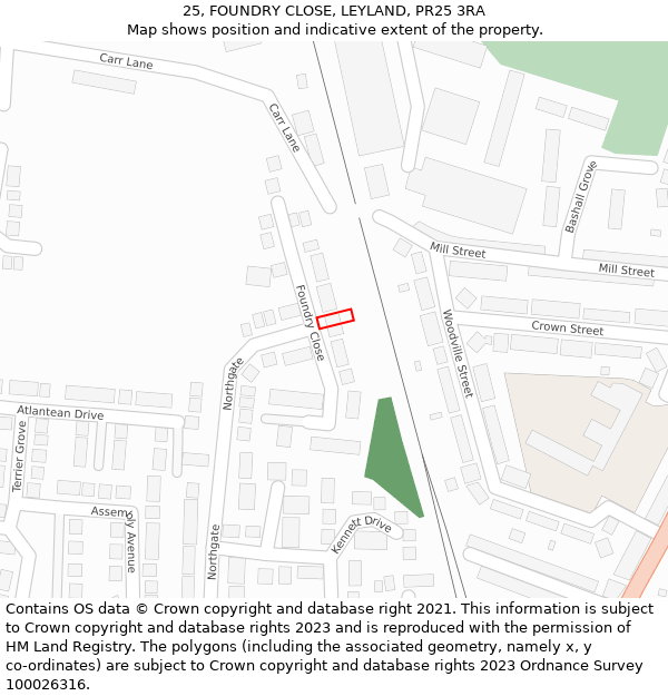 25, FOUNDRY CLOSE, LEYLAND, PR25 3RA: Location map and indicative extent of plot