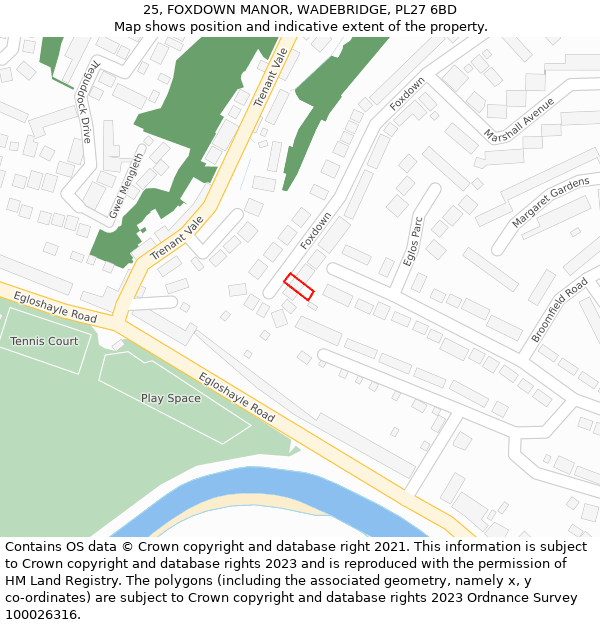 25, FOXDOWN MANOR, WADEBRIDGE, PL27 6BD: Location map and indicative extent of plot