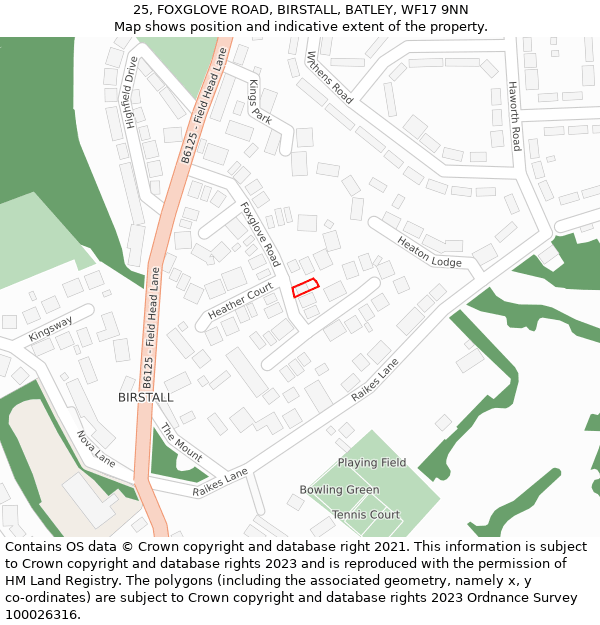25, FOXGLOVE ROAD, BIRSTALL, BATLEY, WF17 9NN: Location map and indicative extent of plot