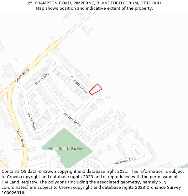 25, FRAMPTON ROAD, PIMPERNE, BLANDFORD FORUM, DT11 8UU: Location map and indicative extent of plot