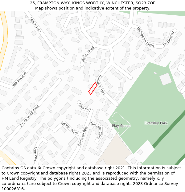 25, FRAMPTON WAY, KINGS WORTHY, WINCHESTER, SO23 7QE: Location map and indicative extent of plot