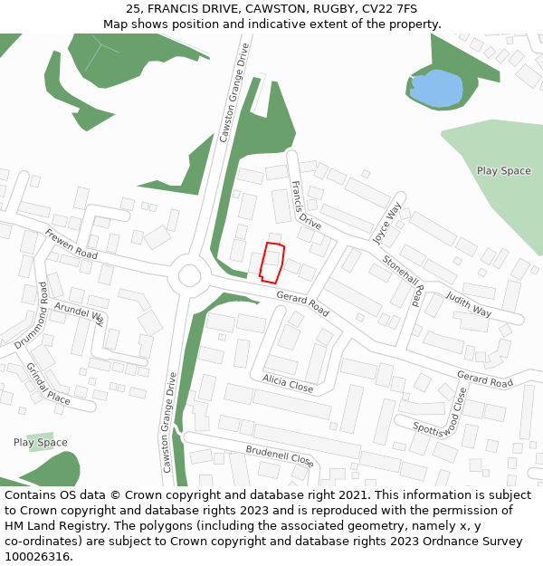 25, FRANCIS DRIVE, CAWSTON, RUGBY, CV22 7FS: Location map and indicative extent of plot