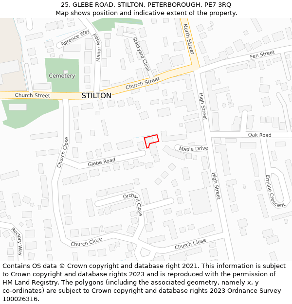 25, GLEBE ROAD, STILTON, PETERBOROUGH, PE7 3RQ: Location map and indicative extent of plot